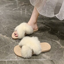 2025新款夏季网红女款夏天外穿防滑外出超火沙滩毛绒平底毛毛拖鞋