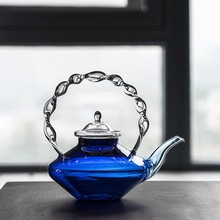 克莱因蓝玻璃煮茶壶耐高温可加热泡茶壶日式简约扭纹提梁壶家用