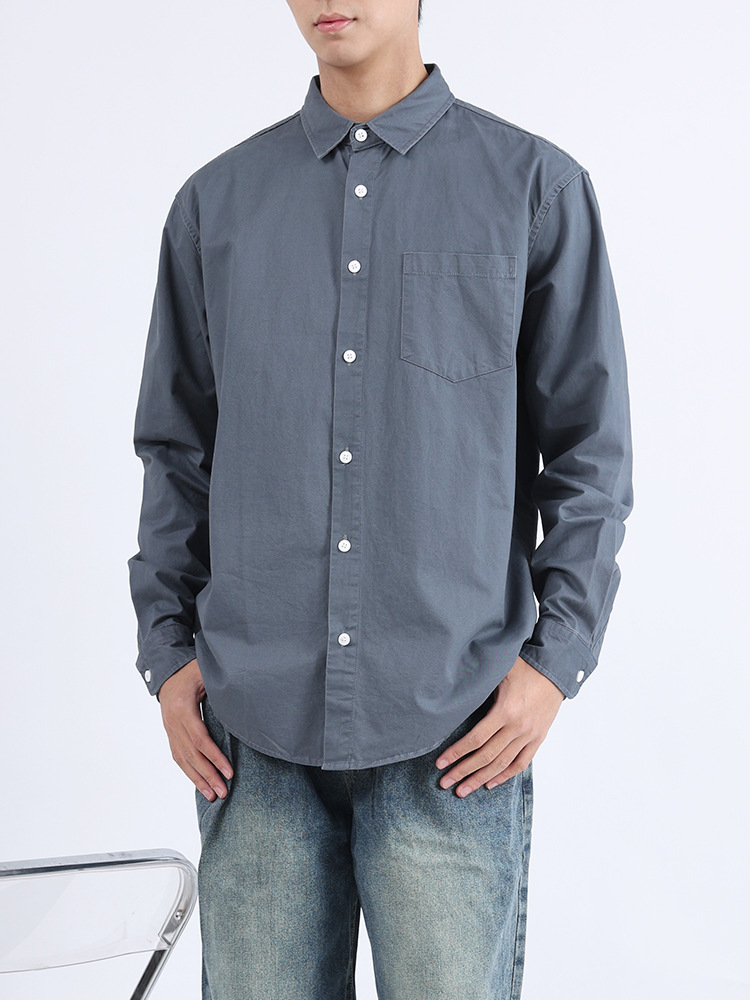 Hombres de otoño algodón camisa de manga larga abrigo relajado casual versátil de color sólido herramienta de bolsillo camisa de solapa de moda masculina