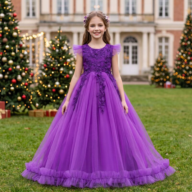 Girls' Long Formal Dress with Flutter Sleeves, Lace Appliqué, Princess Dress, Children's Piano Performance Outfit, Flower Girl Wedding Dress, Cross-Border Supply
