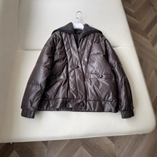 2025秋冬复古老钱风咖色拼接羊绒翻领廓形显瘦羊皮假两件羽绒服女