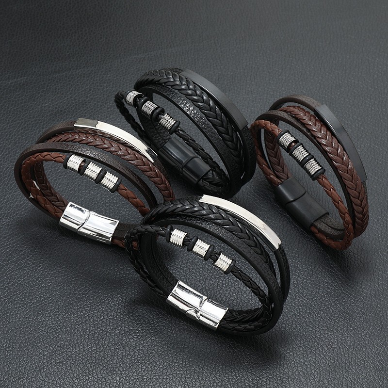 Cross-border new European and American retro style in stock wholesale alloy magnet buckle multi-layer leather hand-woven men's bracelet Cross-border new European and American retro style in stock wholesale alloy magnet buckle multi-layer leather hand-woven men's bracelet