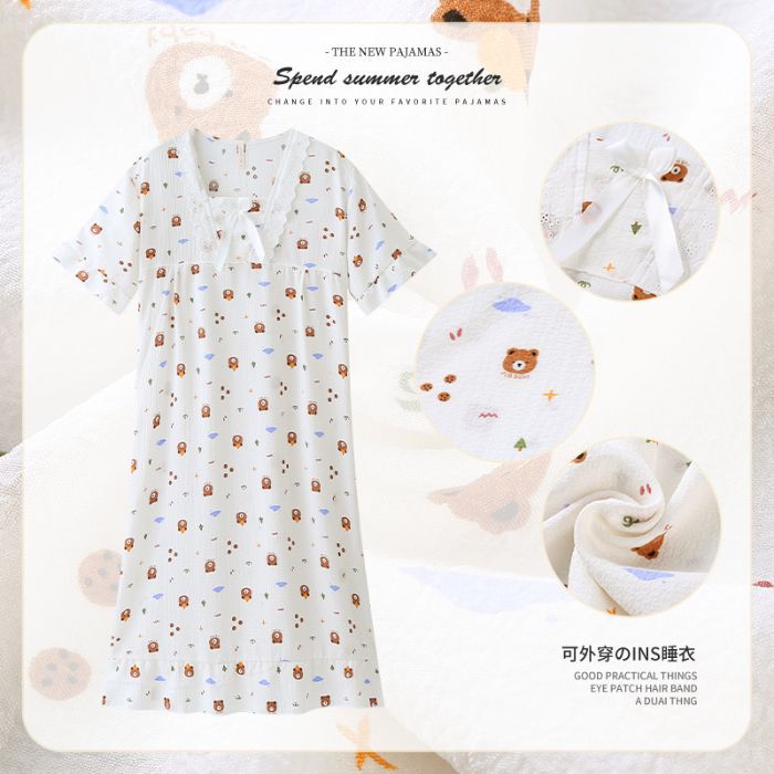 Camisón de manga corta de algodón de burbuja de verano al por mayor transfronterizo de dibujos animados dulce y lindo servicio a domicilio para niñas pijamas sueltos casuales