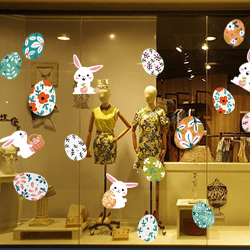 新款跨境卡通兔子墙贴商场玻璃橱窗静电装饰复活节彩蛋贴纸