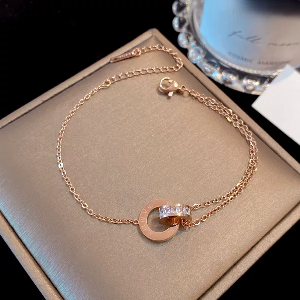 Titanium Steel Bracelet Japanese and Korean Style Zircon Rose Gold Roman Numeral Double Ring Bracelet Ins Personalized Bracelet Bracelet