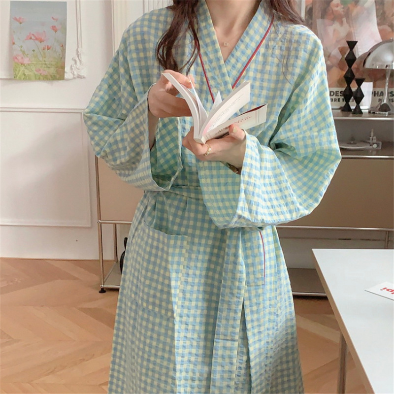 Real Shot of 2026 Spring New Style Women's Plaid Cute Bathrobe Long Kimono Ins Long-Sleeve Pajamas Loungewear