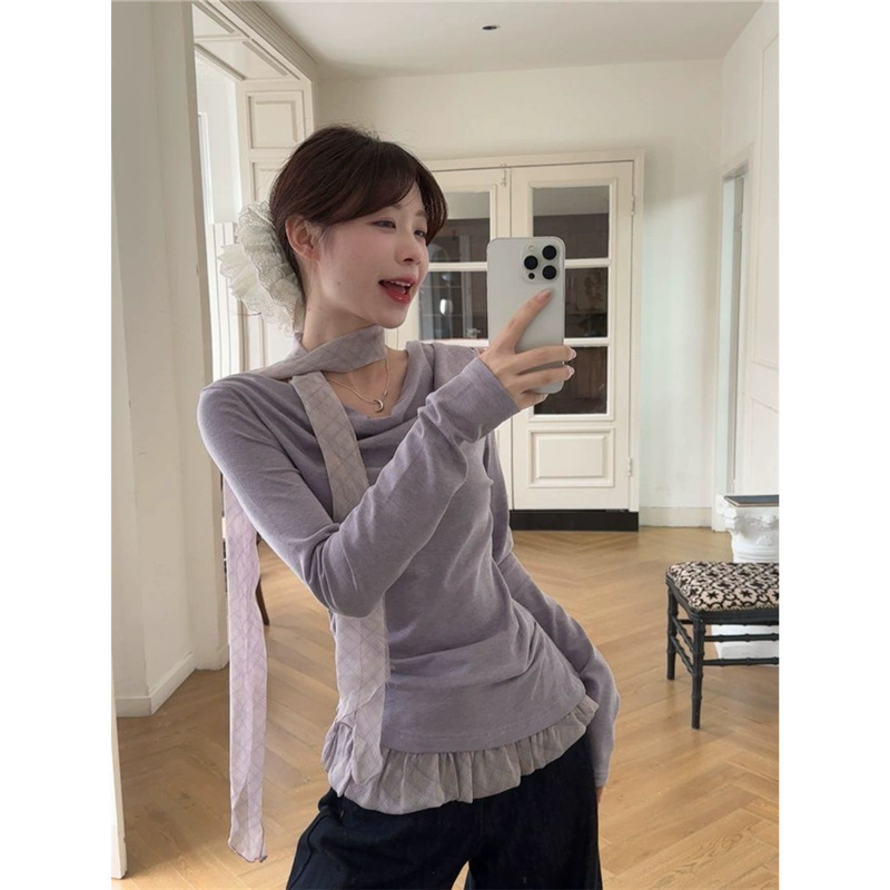 Pure Desire Style Long-Sleeve T-Shirt for Women, Autumn Niche Design with Ribbon, Faux Two-Piece Unique and Distinctive Inner Top Pure Desire Style Long-Sleeve T-Shirt for Women, Autumn Niche Design with Ribbon, Faux Two-Piece Unique and Distinctive Inner Top