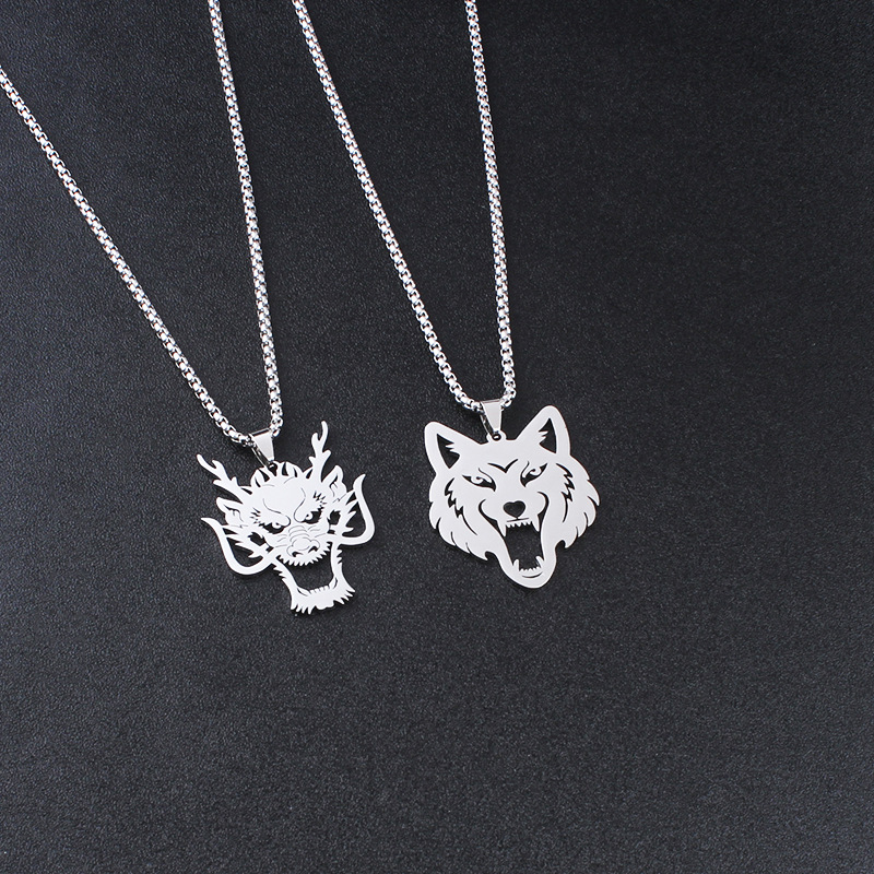 Women's Simple Titanium Steel Hollow Wolf Head Pendant Necklace