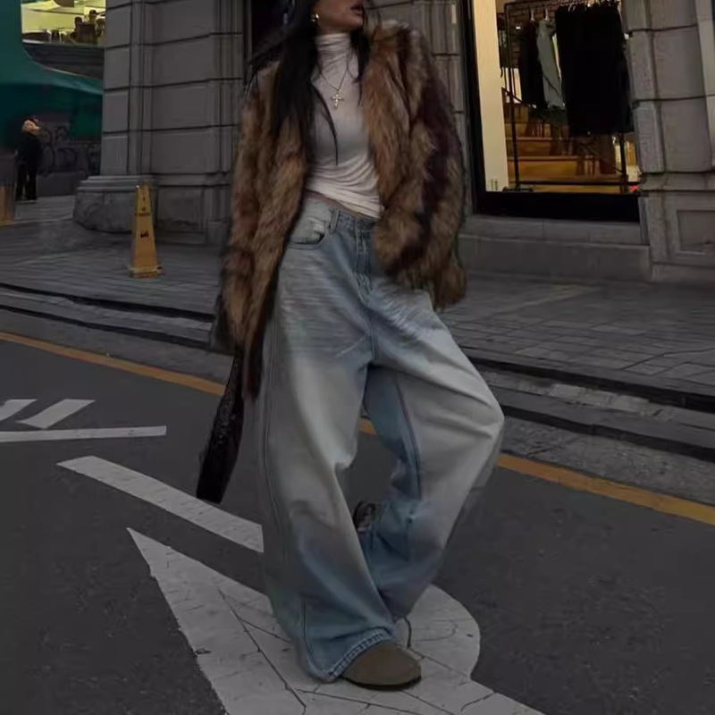 Thirteen lines of "trampling on rotten trouser legs" men and women with retro washed three-dimensional cat with low crotch wide legs mopping jeans