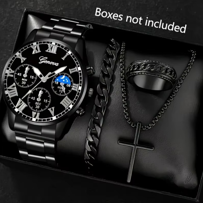 Temu Popular 4-Piece Men's Watch Fully Automatic Glass Quartz Watch Fashionable Luminous Watch Cross Necklace