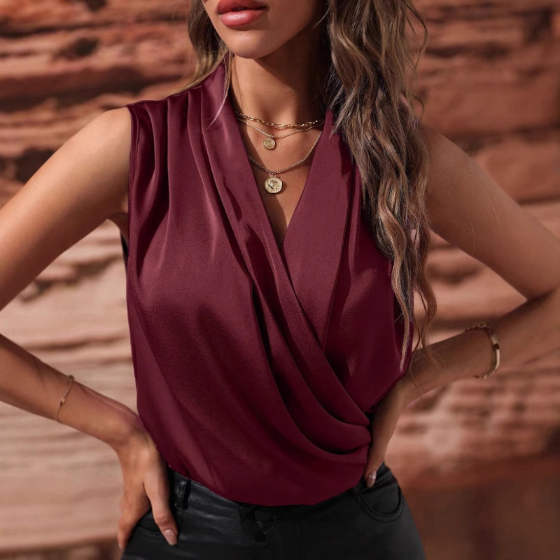 2025 Summer New Sleeveless Satin Shirt European and American Cross-border Design Retro Pleated Solid Color Shirt Top for Women