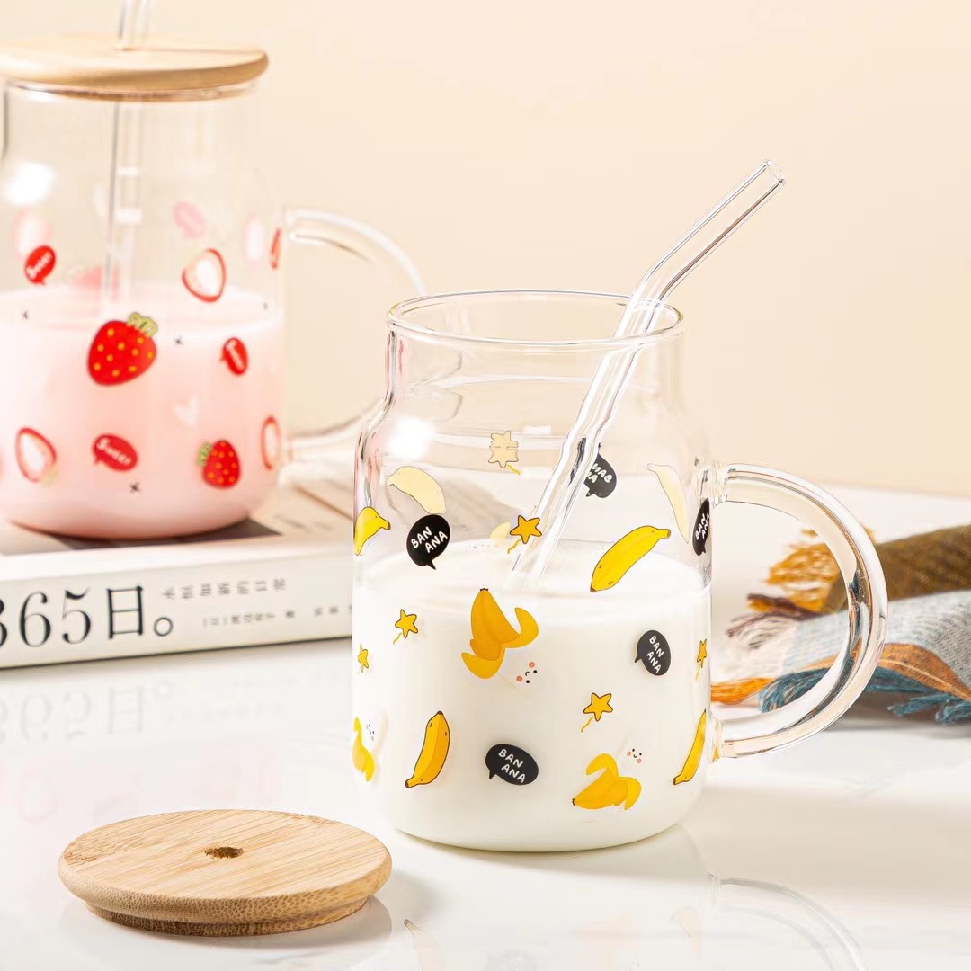 Fruta de verano de paja de vidrio taza de jugo de leche taza de té regalo personalizado taza de beber hogar estilo japonés taza de limón