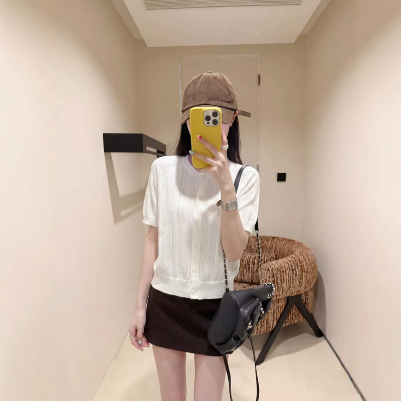 Luxury Designer Women's Clothing P Brand 26 New Korean-Style Solid Color Slim-Fit Slimming Knit Short-Sleeve Cardigan Top for Women