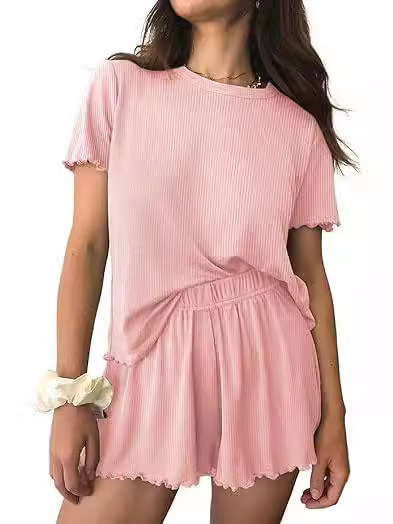 European and American Summer Women's Soft Pajamas Ribbed Knitted Wave Edge Short Sleeve Home Casual Top Shorts Set