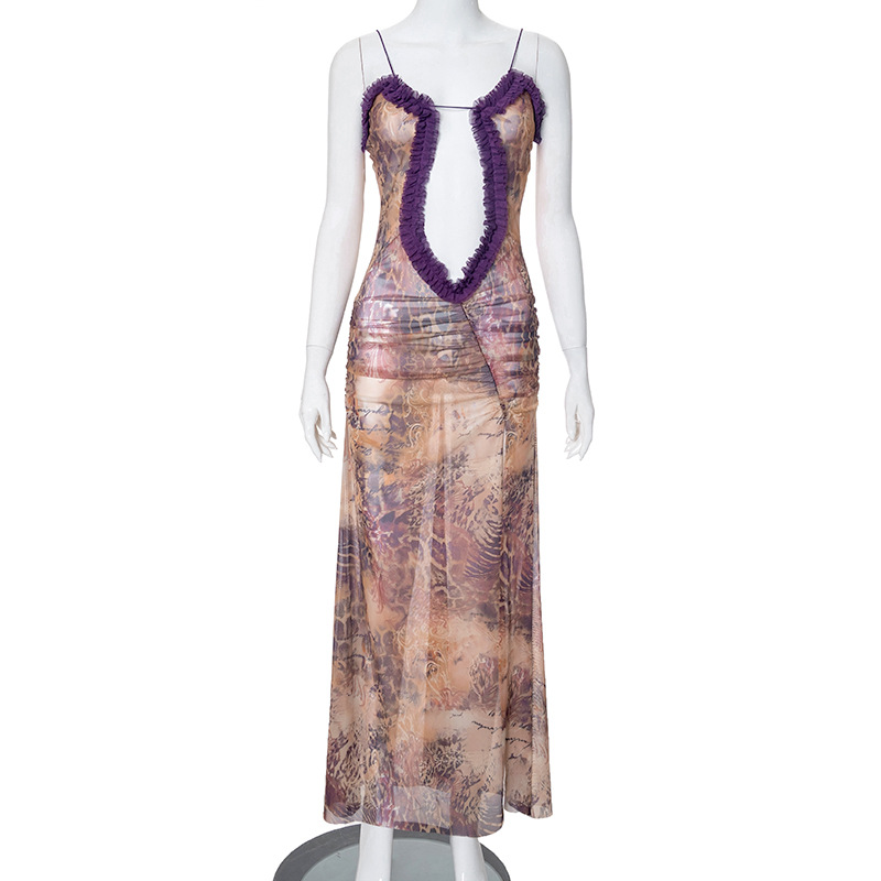 Women Clothing Hollow Out Cutout out Camisole Lace Pleated Slit Dress