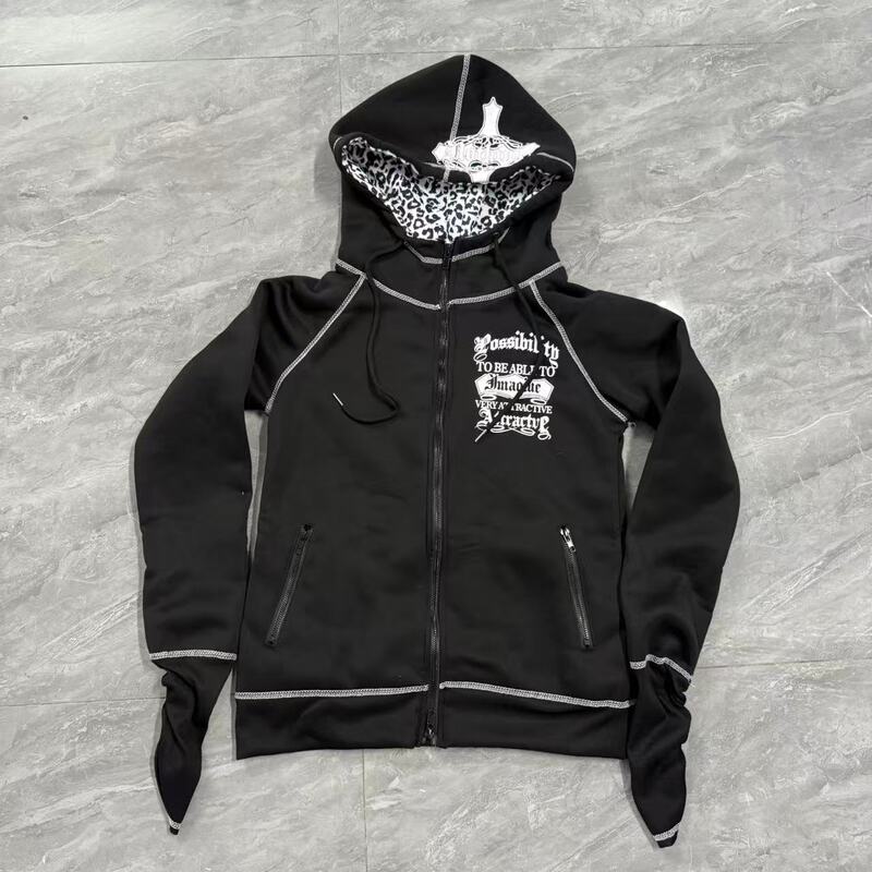 2254 Gothic Style Cardigan Leopard Print Cross Skull Hooded Sweater y2k Japanese Style Zipper Jacket Women's Design Sense