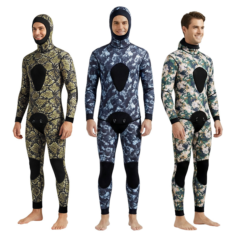 3mm Fishing and Hunting Suit, 5mm Two-Piece Hooded Smooth Skin Diving Suit, Thickened Warm Camouflage Fishing Suit, Swimming and Surfing Wet Suit