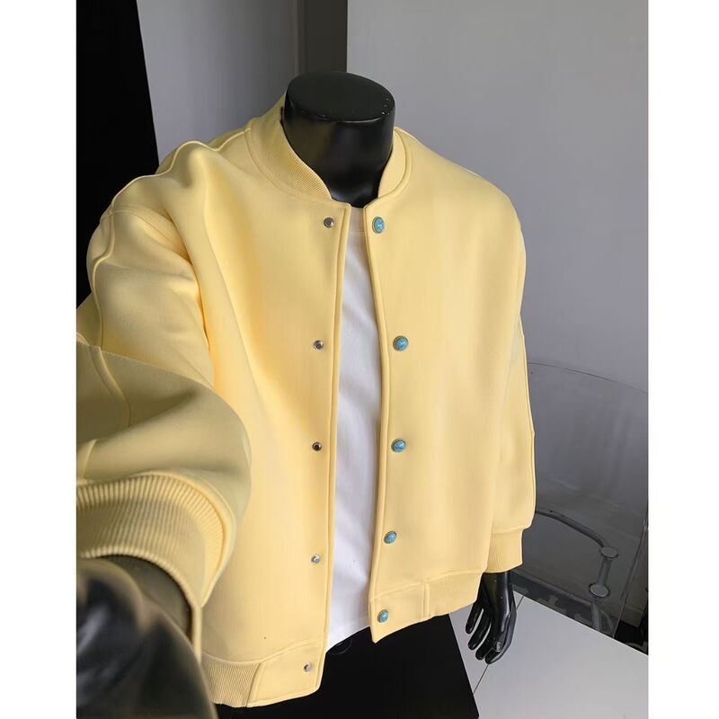 Yellow stand-up collar baseball jacket for men, 2026 early spring trendy brand, high-end turquoise design sweatshirt cardigan, couple's jacket