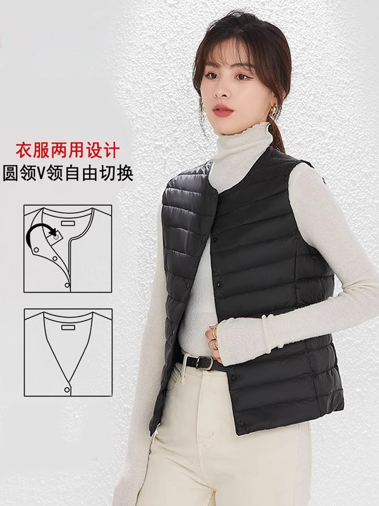 Otoño plumado ligero damas no cuello V chaleco blanco chaleco interior de caballo clip de hombro con chaqueta de base