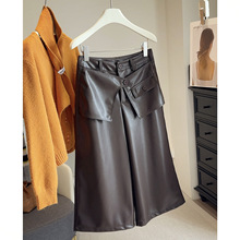 假两件蛋白皮裤女秋冬新款时尚宽松显瘦七分直筒阔腿裤休闲PU皮裤