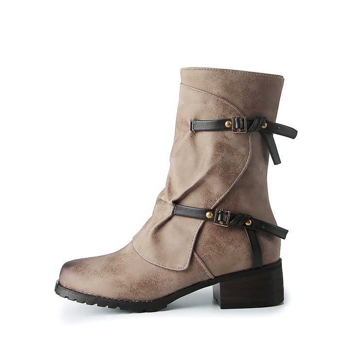 Retro boots, belt, buckle, Amazon, plus size, mid-length
