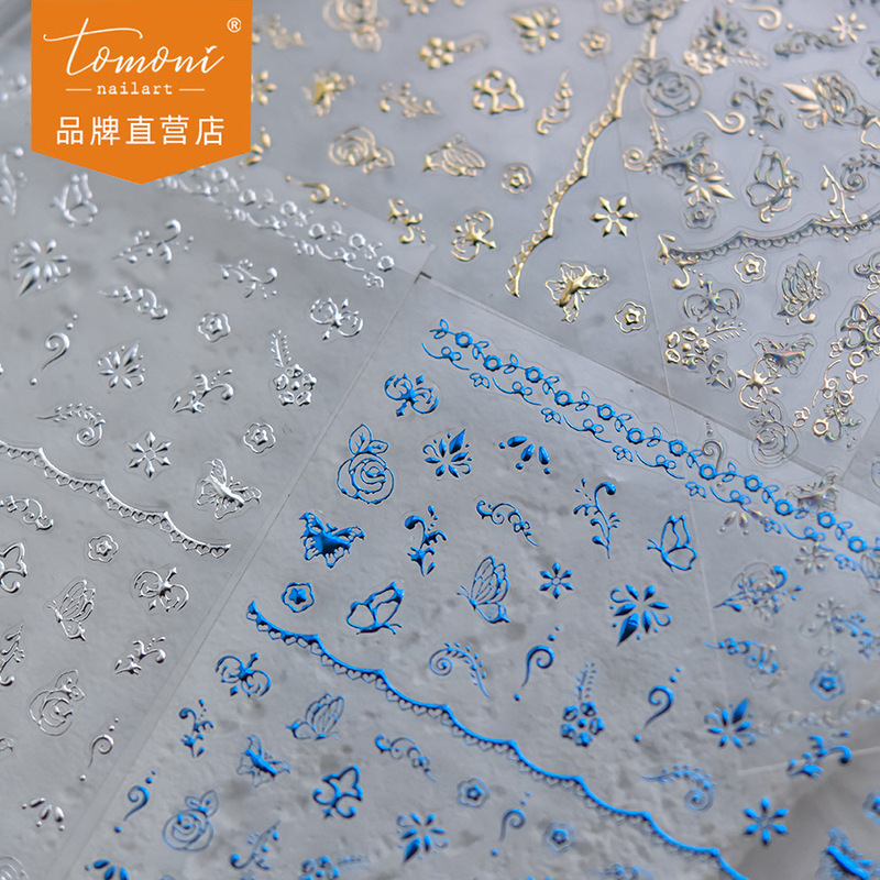 Tomoni Bronzing Manicure Stickers Dark Blue Party Photo Nail Stickers Blue Gold Flowers and Butterflies Hand-Painted Style Stickers