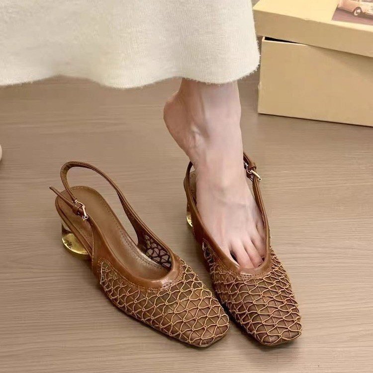 Elegant Square-Toe High Heel Sandals for Women 2025 New Fashion Mesh Hollow Women's Shoes Retro Versatile Mary Jane Shoes
