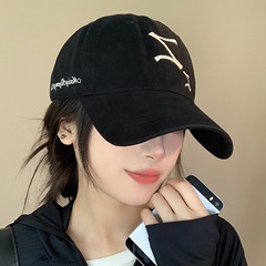 韓国版四季百合黒ソフトトップ鴨舌帽女性潮牌刺繍アルファベット野球帽男性日系日よけ帽子
