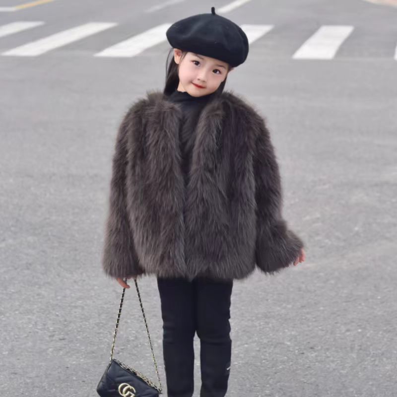 女童皮草外套加厚保暖儿童时尚感女孩宝宝仿狐狸毛棉服冬外套