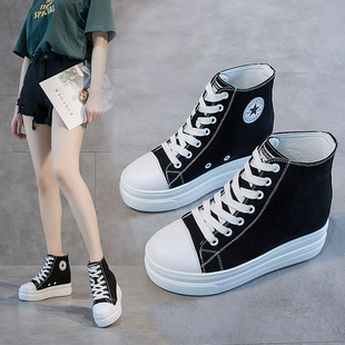Thick-Soled Canvas Women's Shoes 2025 New Spring and Autumn Platform Lace-Up Sneakers Women's Height-Increasing High-Top Canvas Shoes Women