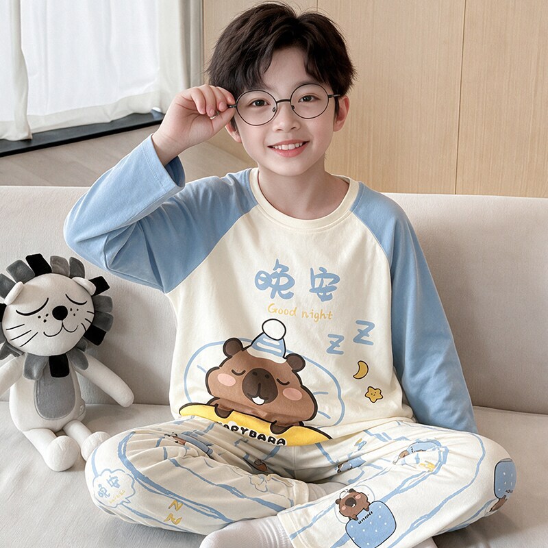 Boys' Pajamas Spring and Autum Pure Cotton Long-Sleeved Kidsren's Style Autum Thin Style Medium and Large Kidsren's Boys and Teenagers 2025 New Style Boys' Pajamas Spring and Autum Pure Cotton Long-Sleeved Kidsren's Style Autum Thin Style Medium and Large Kidsren's Boys and Teenagers 2025 New Style