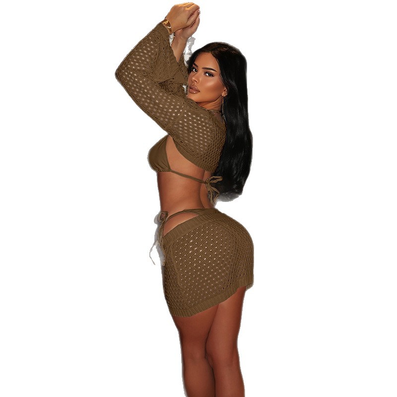 Europa y América exportan playa turística correa chaqueta más camiseta de manga larga falda bikini sexy traje de baño