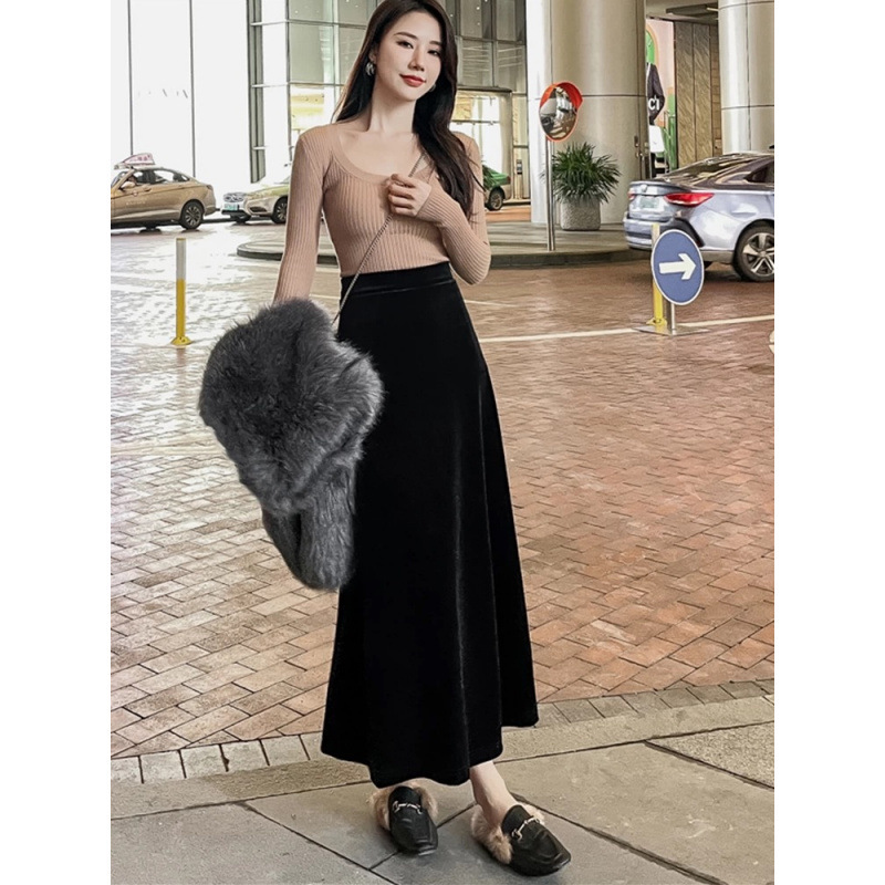 网图 丝绒半身裙女秋冬2025新款高腰垂感A字裙复古显瘦半身长裙|undefined