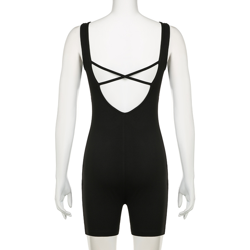 Casual Street Solid Color Square Collar Cross Hollow Out Cutout Backless Lace up Sports Jumpsuit Yoga Fitness One Piece Trousers