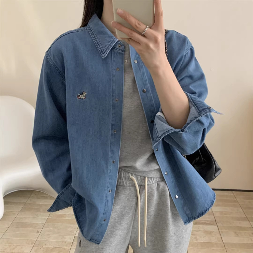 复古小马刺绣翻领水洗牛仔外套女2026秋季新款韩版宽松磨毛衬衫