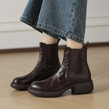 手抓头层羊皮一体厚底切尔西靴2025通勤粗中跟圆头真皮套筒短靴女