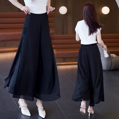 Split wide-leg pants 2025 new style white high-waist loose slimming summer culottes hanging chiffon pants set
