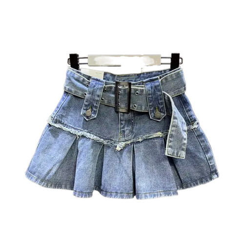 Retro Light Blue Sweet and Spicy Pleated Denim Skirt for Summer 2025, Small Figure Slimming Half-Body Skirt