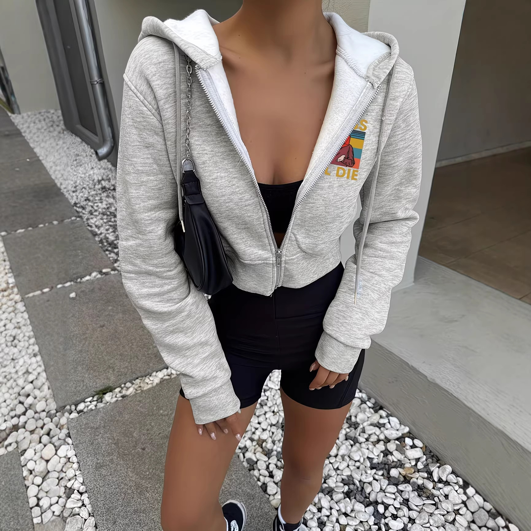 Women's Autumn/Winter Hooded Jacket Long Sleeved Zipper Short Creative Print Sweatshirt For Fashion_voghion.com