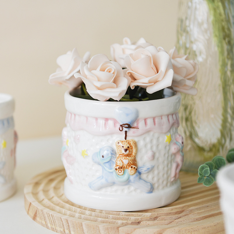 Lindo oso chica Corazón de cerámica maceta redonda maceta titular de la flor del hogar olla de almacenamiento decoración decorativa fabricante