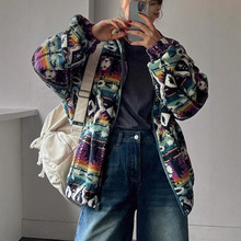 欧美跨境秋冬新款2025女时尚民族风复古潮流抓绒印花保暖休闲外套