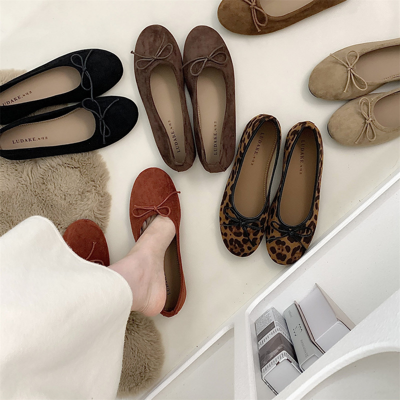 LUDAKE Deer Can Match Daily Gentle Shallow Mouth Ballet Shoes Bow Flat Pumps Leopard Print Single Shoes