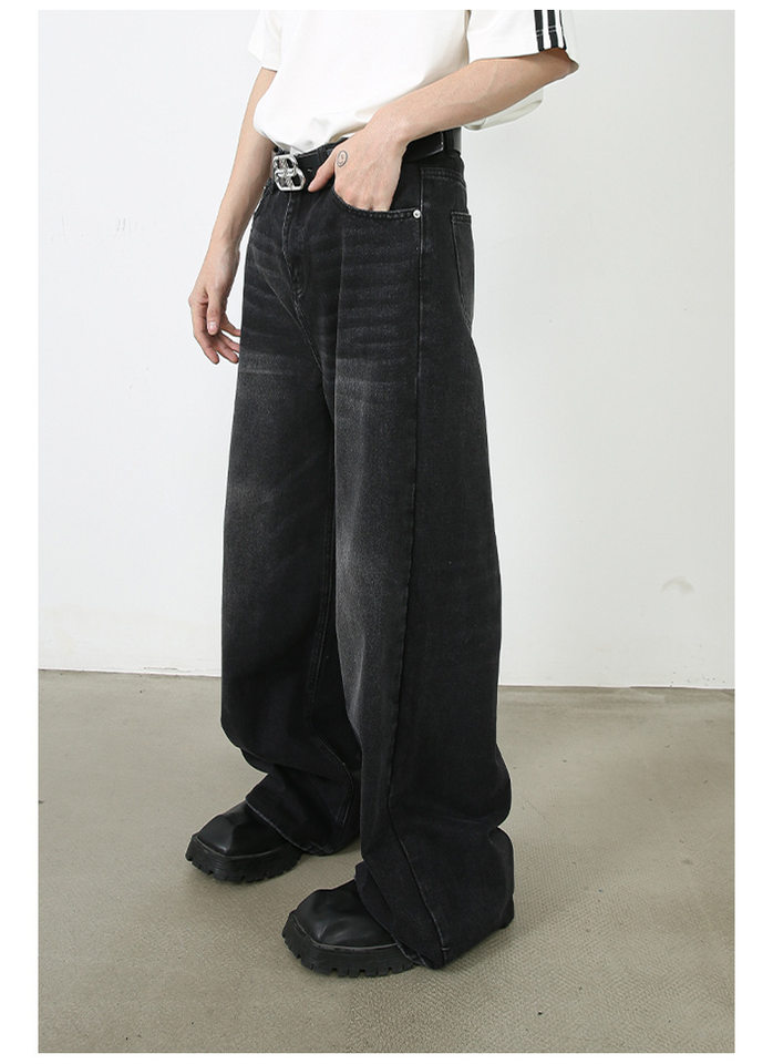 Quần jean nam ống rộng giặt nước phong cách Hàn, cạp vừa lưng thẳng — Denim đen, Màu đen, Ngụy trang màu mơ, Xanh lam cổ điển chi tiết 8