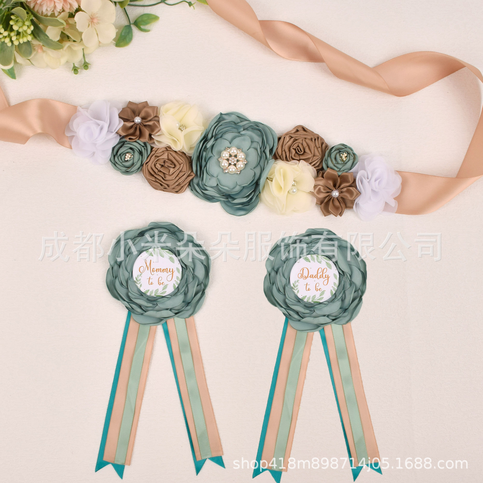 Amazon Hot-selling Mori Pregnant Women's Baby-welcoming Pair Flower Belt Corsage Set mommy to be sash