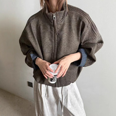 时尚格子拼接立领羊毛呢外套女欧货2025秋季新款宽松休闲百搭外衣