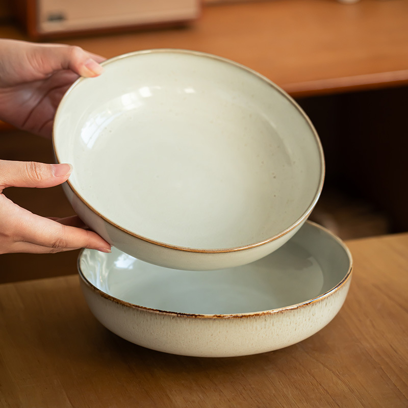 Retro stroke ceramic large bowl household tableware vegetable bowl…