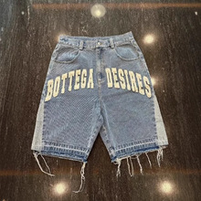 欧美复古拼接字母刺绣牛仔短裤男士欧美嘻哈街头休闲中裤跨境现货