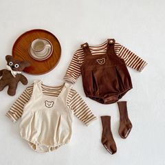 2023 spring 100% cotton baby striped T-shirt for men and women + bear embroidered suspender belt and triangle romper two-piece suit