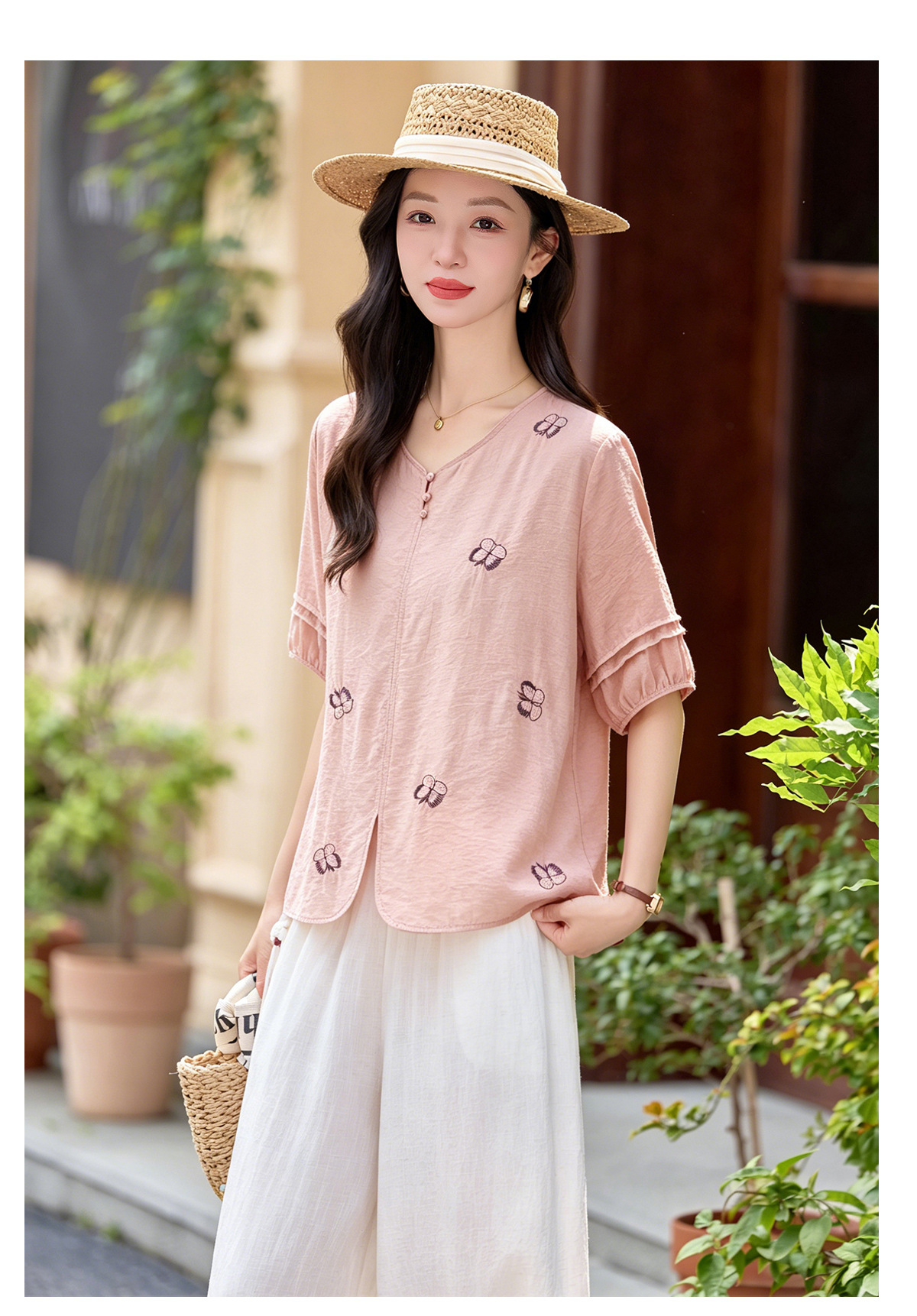 Bộ hai mảnh nữ hè 2026 áo thêu phối quần ống rộng cao cấp MM6652 — Màu hồng, màu đỏ chi tiết 21