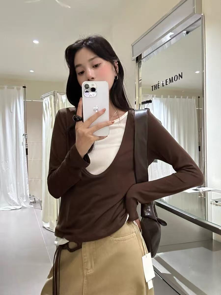 Minimal perezoso viento de color falso dos piezas de camisa de lana de punto para mujeres otoño y invierno nuevo gran cuello en U delgado temperamento chaqueta